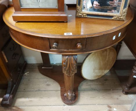 A 90cm late Victorian mahogany demi-lune console table with single drawer, set on an acanthus cabriole front support and shap