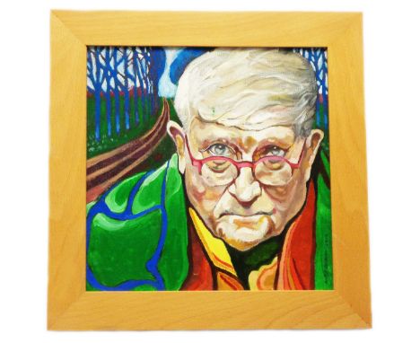 Mike Dobson: a framed oil on card portrait of David Hockney - signed and dated 2012