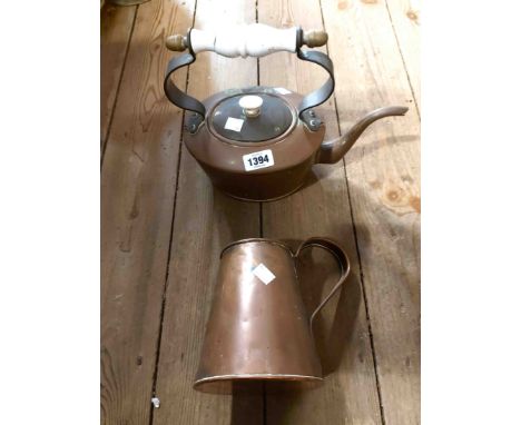 An old copper kettle with ceramic handle and knob (handle a/f) - sold with an old cider measure