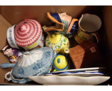 A box containing a quantity of ceramics including late 19th Century Hancocks soup tureen and ladle with green transfer printe