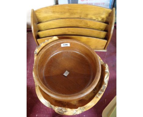 A vintage wooden fruit bowl - sold with a hand turned birch bowl and a wooden letter rack