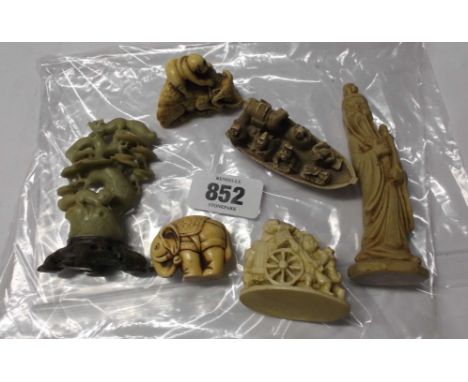A small Chinese carved soapstone ornament, depicting squirrels on a tree - sold with four resin figurines and a similar netsu
