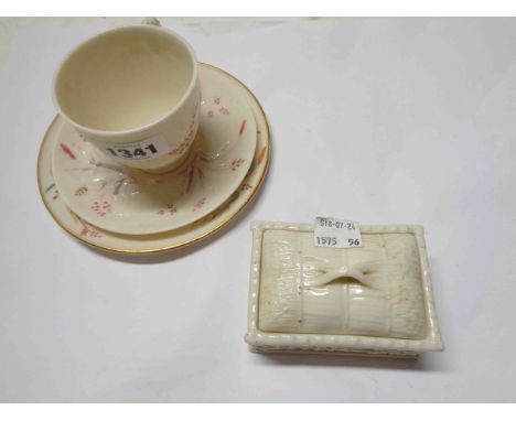 A first period Belleek porcelain lidded match box with moulded basket decoration and striker under lid - sold with a similar 