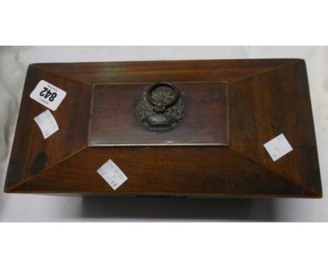 A 19th Century mahogany and strung tea caddy of sarcophagus form with fitted interior