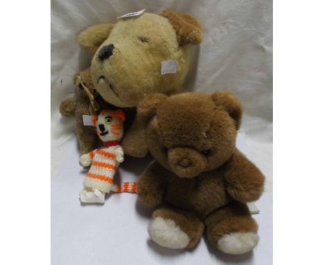 A vintage Merry Thought dog soft toy (eyes missing) - sold with two teddy bears and a knitted finger cat