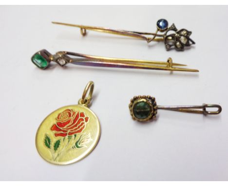 An antique yellow metal emerald and diamond set stick pin - sold with a sapphire and rose diamond similar (one stone missing)