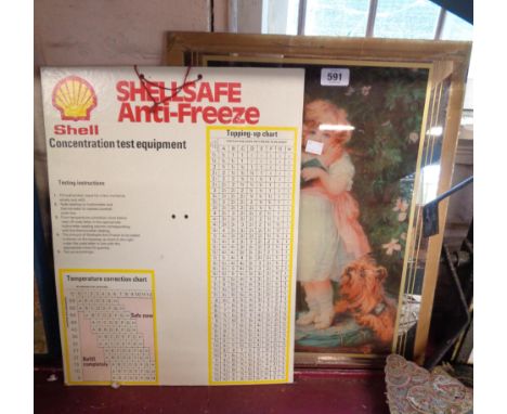 A vintage cardboard 'Shell anti freeze' sign - sold with a decorative mirrored plate, depicting children