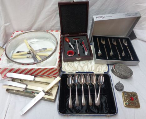 A boxed vintage glass fruit bowl with silver plated rim - sold with cased and loose plated cutlery, modern bar set, etc.