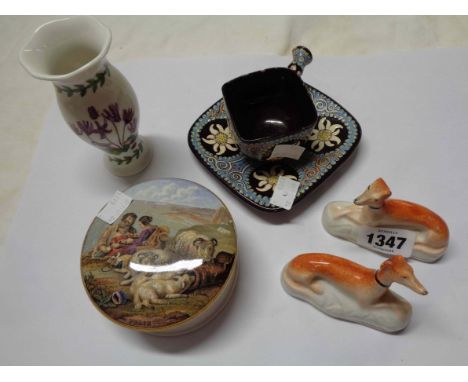 A small quantity of ceramic items comprising a pair of small 19th Century Staffordshire figurines depicting recumbent greyhou