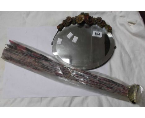 A vintage Barbola decorated mirror of oval form (easel stand missing) - sold with a large decorative wall hanging of fan form