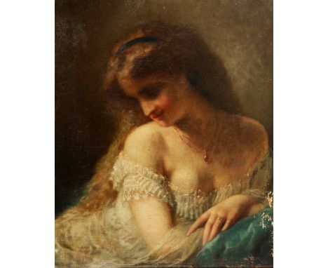 19TH CENTURY ENGLISH SCHOOL Portrait of a reclining female beauty, her head turned to one side and wearing pendant necklace a