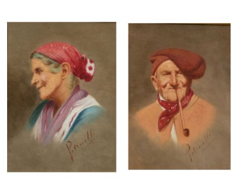 ARTURO PETROCELLI (1856-1926) Portrait of an old peasant and his wife, a pair, signed, oils on canvas, 23.5 x 18cm (2)