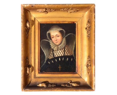 CONTINENTAL SCHOOL (LATE C17TH) Portrait of a lady, with lace ruff, bonnet & shaped shawl, oil on panel, 15.5 x 11 cms