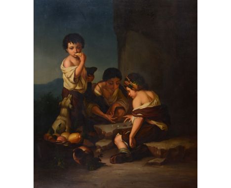 AFTER BARTOLOMÉ ESTEBAN MURILLO Street children playing a game of dice, oils on metal panel, 55 x 48cm