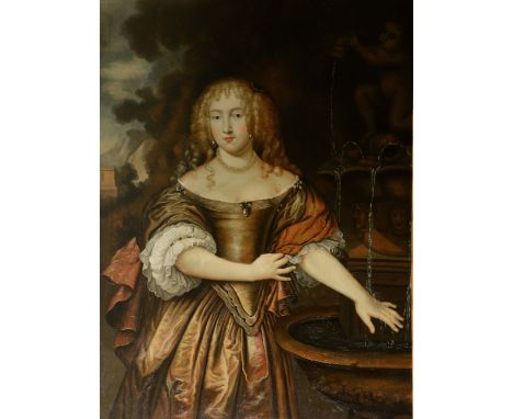 MANNER OF SIR PETER LELY Three quarter length portrait of a lady by stone fountain in a landscape, oils on canvas, 100 x 75cm