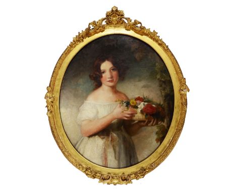 * POLLITT (19TH CENTURY) Portrait of a young girl wearing a white frock and proferring a basket of mixed flowers, oils on can