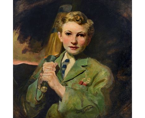 FRANK OWEN SALISBURY (1874 - 1962) Portrait of a young boy in school uniform holding a cricket bat, signed, oils on board, 61