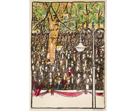 ROBERT BUHLER A crowd of people, lithograph, pencil signed in the margin, 50 x 38 cm; two further similar; and eleven further