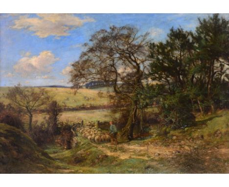 WILLIAM GREAVES (1852 - 1938) A shepherd driving sheep through an open gate in a hilly landscape with trees, faintly signed (