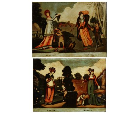 A PAIR OF GEORGE III HAND-COLOURED REVERSE GLASS PRINTS representing Autumn, Winter, Spring and Summer, published c.1807 by W
