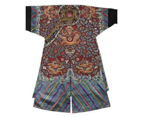 *Chinese Dragon Robe. A late 19th century embroidered silk Dragon Robe,  brown silk, embroidered with metal threads and colou