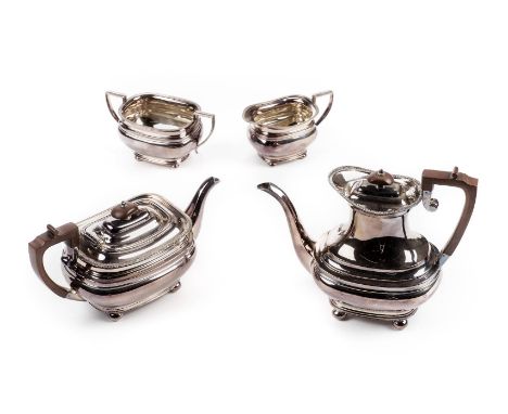 *Tea Set. A modern silver 4-piece tea set by Roberts &amp; Belk, Sheffield 1966,  comprising, coffee and tea pot, sugar bowl 