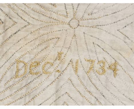 *Quilt. An embroidered quilt, probably English, early-mid 18th century,  fine white linen, backed with a looser hand-woven wh