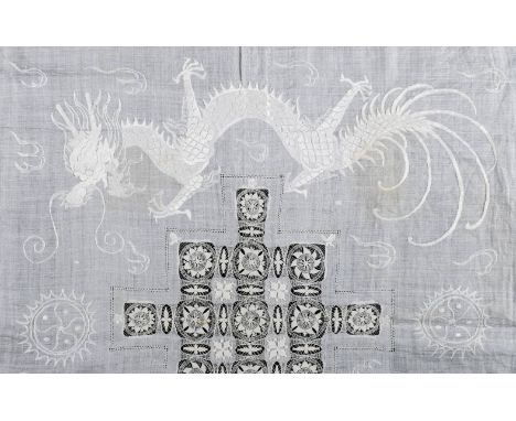 *Chinese. A large Chinese dragon tablecloth, late 19th century,  fine white linen cloth, with elaborate drawn threadwork and 
