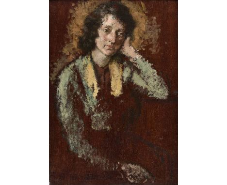 *@Todd (Arthur Ralph Middleton, 1891-1966). Portrait of a lady, oil on wood panel, half-length portrait of a dark-haired lady