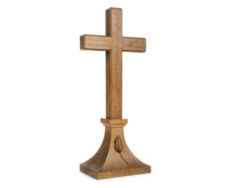 *Thompson (Robert "Mouseman", 1876-1955). Oak Altar Cross, .1920s,  the flared base carved with a mouse, 46cm high, some old 