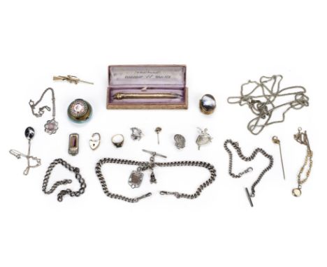 *Mixed Collectables. A mixed collection of items,  including a heavy gauge silver albert with T-bar and fob, together with a 