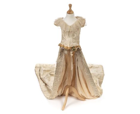 *Dress. A damask bridal bodice and train, circa 1880s,  comprising cream boned bodice, with cap sleeves and neckline edged wi