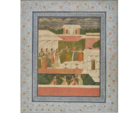 *Mughal School. Court scene with Princess and attendants giving gifts to assembled females, with dancing girls beneath, 18th 