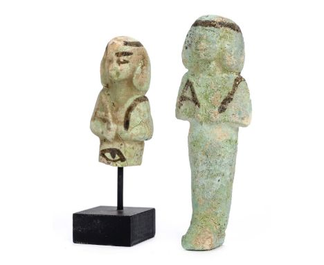 *Ancient Egypt. Ptolemaic, pale blue/green faience worker Shabti,  the mummiform figure modelled wearing tripartite wig, arms