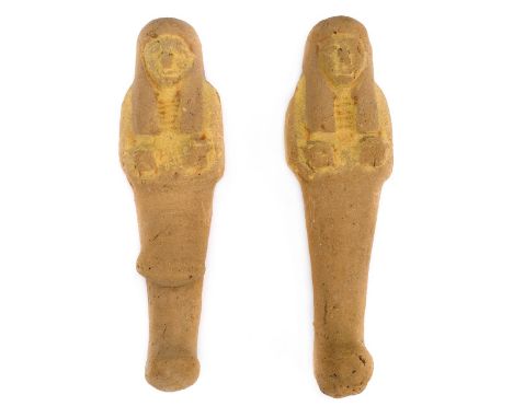 *Ancient Egypt. 19/20th Dynasty, pottery mummiform worker figure,  modelled wearing blue tripartite wig, broad collar, arms f
