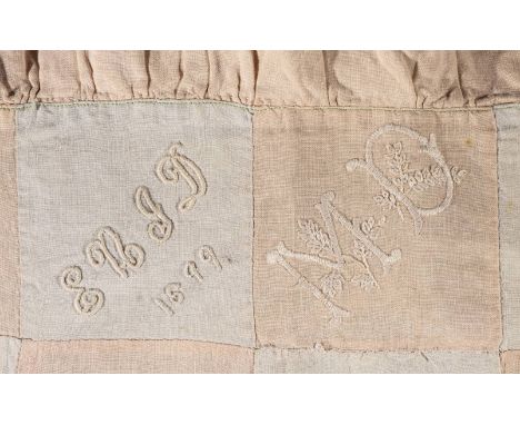 *Embroidered cloth. A keepsake patchwork tablecloth, Welsh, circa 1899,  alternating pale pink and pale blue linen squares, e