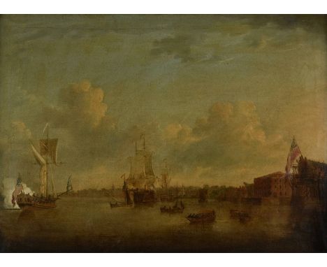 *Attributed to John Cleveley (c.1712-1777). Marine Landscape of Naval ships approaching Greenwich Dockyard, mid/late 18th cen