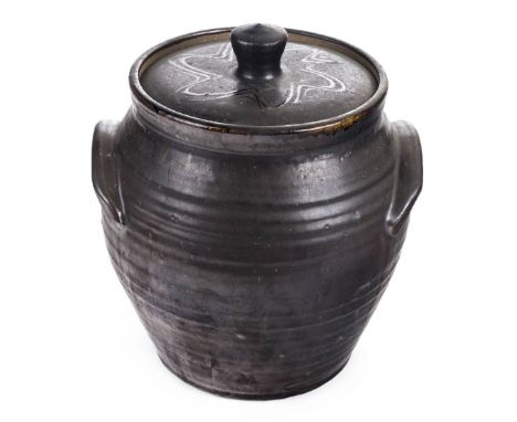 *Leach (Michael, 1913-1985). Yelland Pottery ovoid marmite jar and cover,  with a dark brown glaze, the cover with a graffito