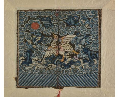 *Chinese Embroidered Panel. A Qing Dynasty embroidered square panel,  depicting a white goose against a patterned background,