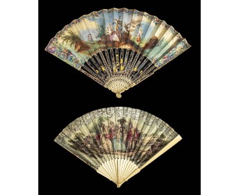 *Fan. A hand-painted fan, Continental, early 19th century,  folding double-sided fan, the parchment leaf backed with paper, r