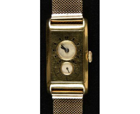 *Longines. A 1930s Art Deco gentleman's Longines duo dial 'Doctors' wristwatch, the 18ct gold tank shape case numbered 521407