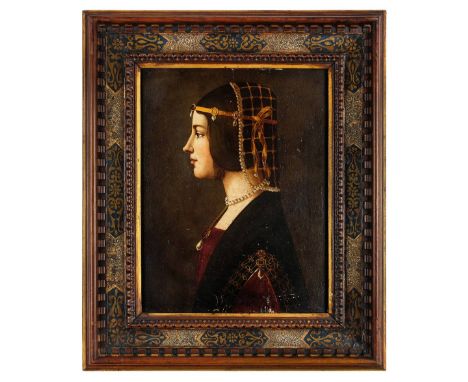 *After Giovanni Ambrogio de Predis (circa 1455-1508). Portrait of Beatrice d'Este, 1490,  19th century oil on wood panel, a c