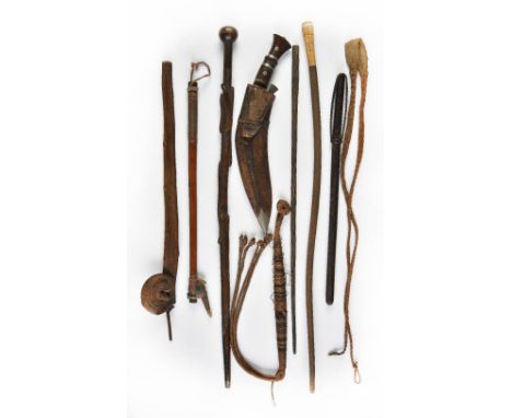 *Tribal Items. Mixed collection of tribal collectables,  including Zulu staff carved with an entwined serpent and ball top, 8