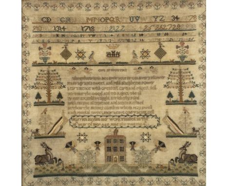 *Sampler. A large sampler by Harriet Bayliss, mid 18th century,  worked in fine cross-stitch on linen, with alphabets, numera