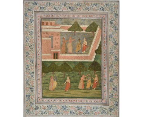 *Mughal School. Court scene with female annointing ceremonies, 18th century,  pen, ink and watercolour on paper, heightened i