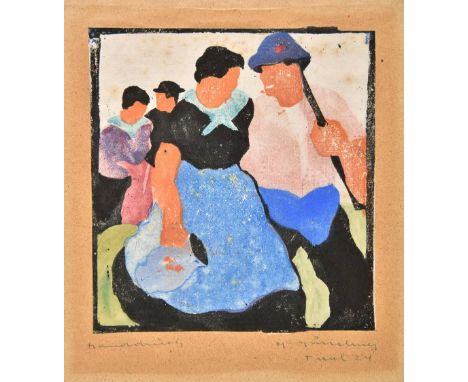 *@Gurschner (Herbert, 1901-1975). Tyrolean Figures, 1924,  colour woodcut on light brown paper, signed and dated in pencil 'H