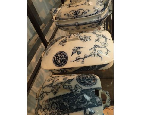 Blue and white two lidded tureens two smaller tureens and base by RH&S and a soup server with ladle by F&Sons Burslem in Mila