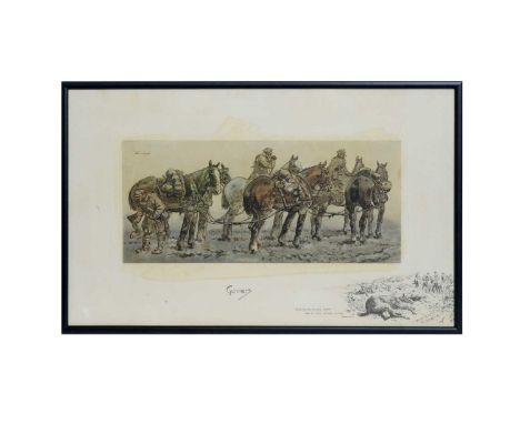 "Snaffles" Charles Johnson Payne (1884-1967)"Gunners",hand-tinted lithograph, with printed remarque,37.5 x 59.5cms, in frame.