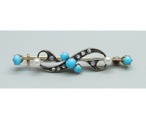 A diamond, turquoise and pearl set brooch set in yellow metal, (tests as gold), 3.9g 