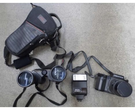 A pair of binoculars, Pentax 35mm film camera, etc. 